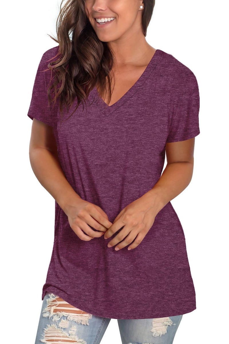 Sipaya Spring T Shirts for Women V Neck Solid Color Tee Cute Short Sleeve Tops Fuchsia M - Image 3